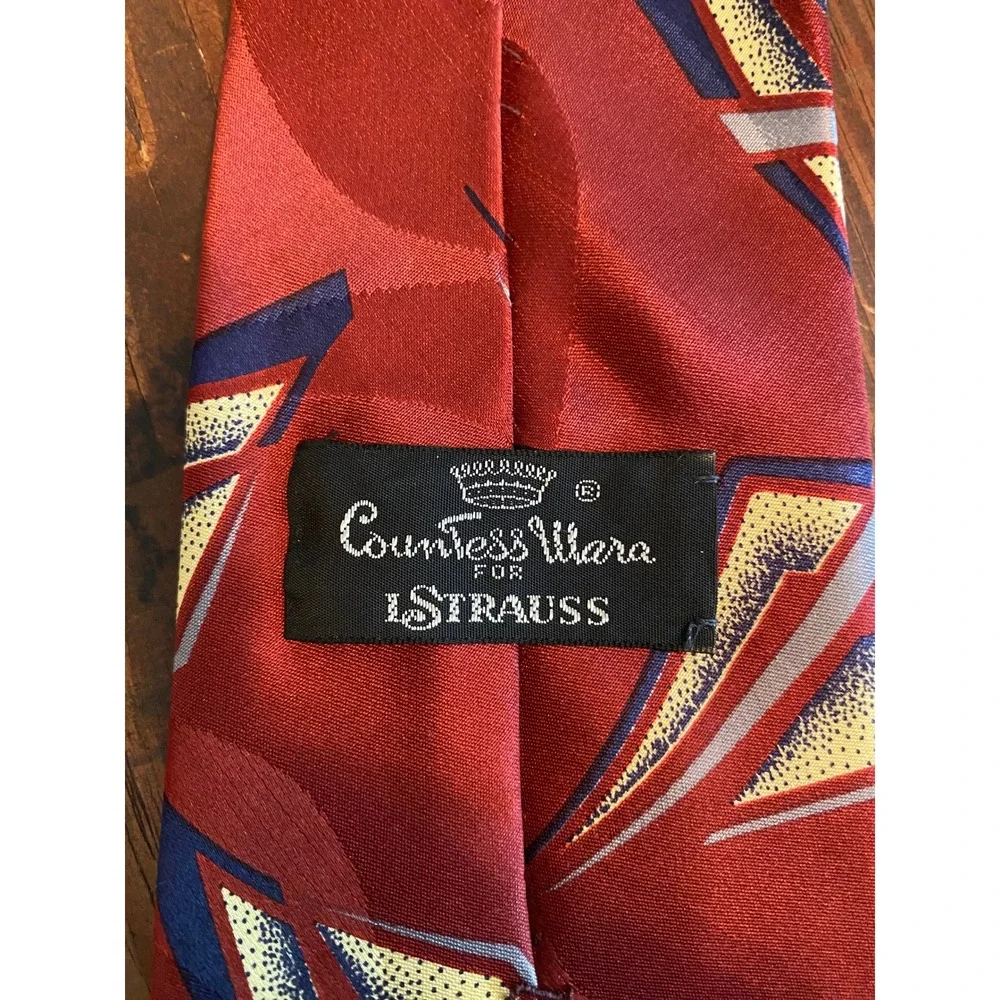 Countess Mara Mens Red Geometric‎ Abstract Sistine Satin Silk Necktie 5417/10